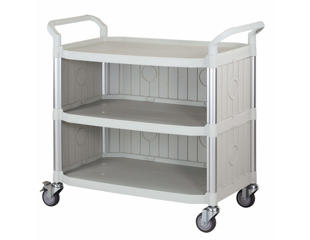 Rullebord i plast med 3 hylder, lysegrå. 52x110x102h cm.