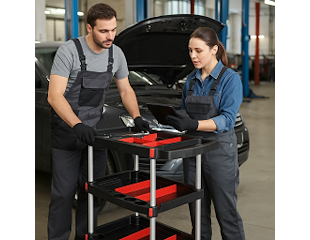 Rullebord, plast 3 dybe hylder, med skillerum. 49x74x92h cm.